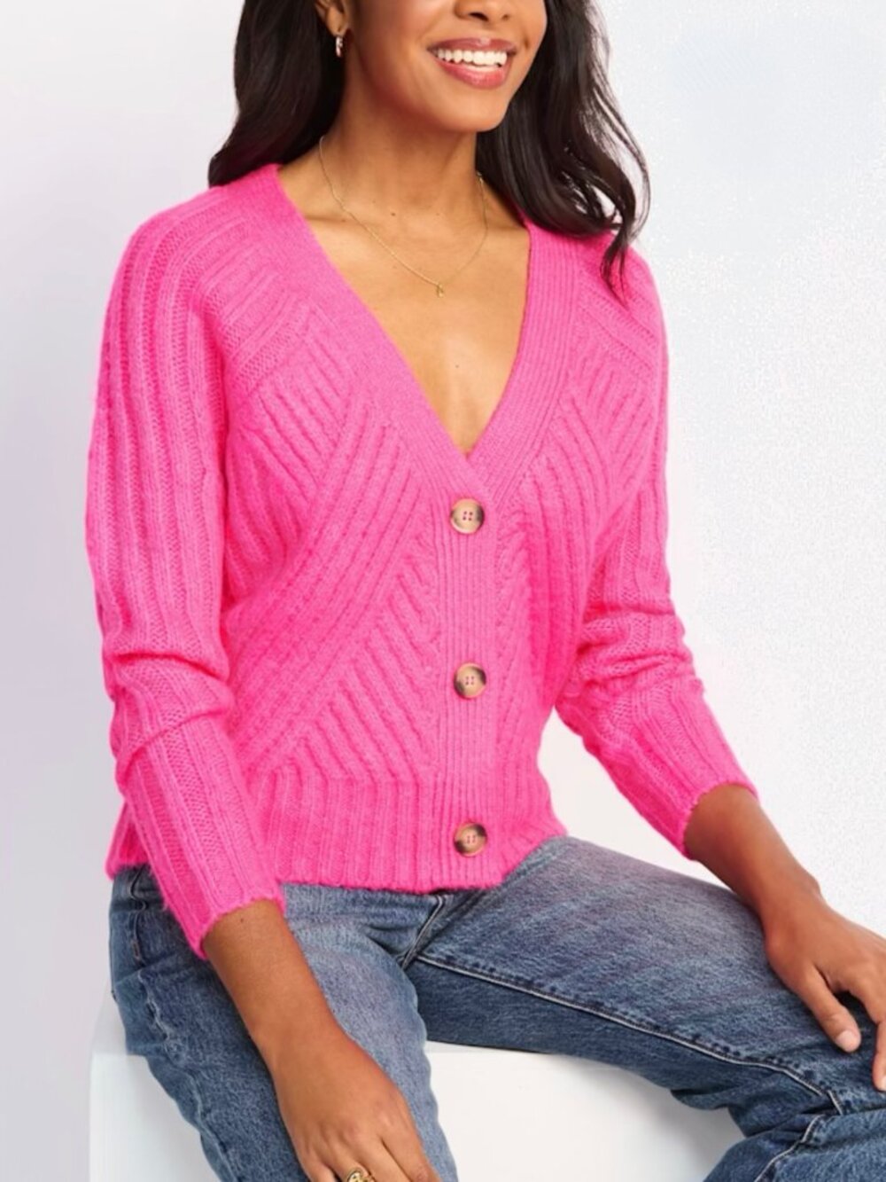 RD Style Melodi Pink Chunky Knit V Neck Cardigan Size L